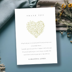 Cute Minimal Dusky Green Floral Heart Baby shower Bedankkaart