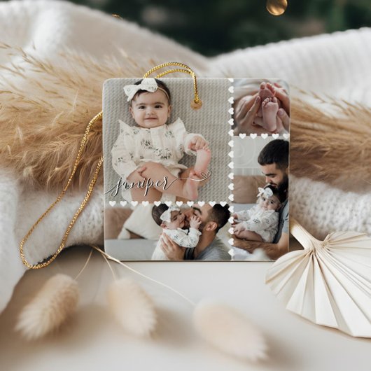 Cute Minimal Heart Baby Foto Collage Script Naam Keramisch Ornament