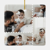 Cute Minimal Heart Baby Foto Collage Script Naam Keramisch Ornament (Achterkant)