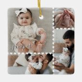 Cute Minimal Heart Baby Foto Collage Script Naam Keramisch Ornament (Voorkant)