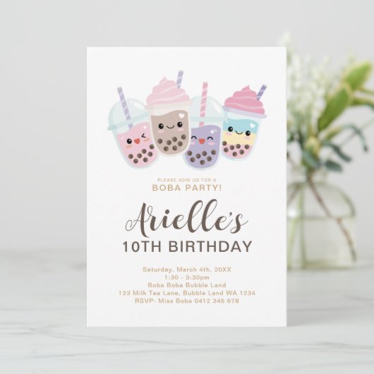 Cute Minimalist Boba Bubble Milk Tea Invitation Kaart (Staand voorkant)