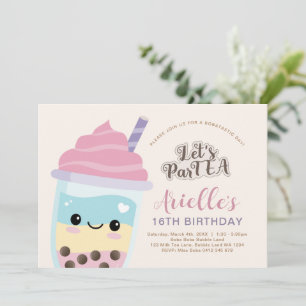 Cute Minimalist Boba Bubble Tea Birthday Invitatio Kaart