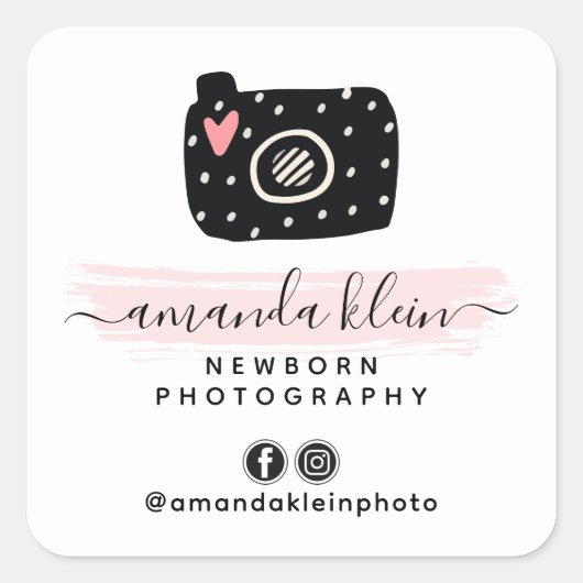 Cute minimalist fotograaf camera zwart & roze vierkante sticker (Voorkant)