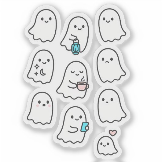 Cute Minimalist Ghost Sticker Pack – kwaii ghosts (Voorkant)