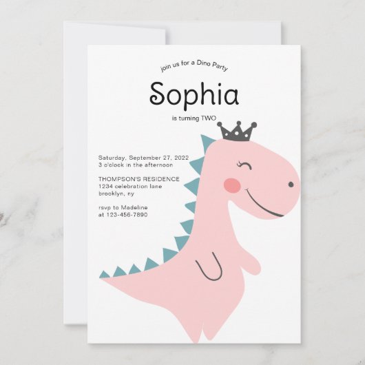 Cute Minimalist Pink Girl Dinosaur Birthday Party Kaart (Voorkant)