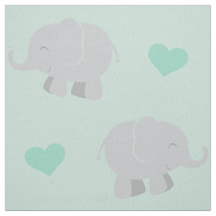 Cute Mint en Grijze Olifanten en Hartjes Patroon Stof