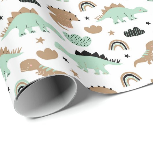 Cute Mint Green Dinosaur Pattern Cadeaupapier (Rol Hoek)