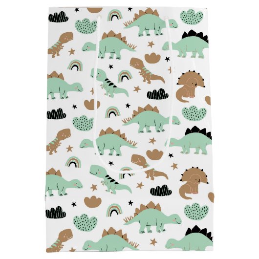 Cute Mint Green Dinosaur Pattern Medium Cadeauzakje (Achterkant)