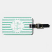 Cute Mint Green Painted Stripes Monogram en Naam Bagagelabel (Voorkant horizontaal)
