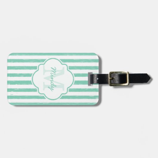 Cute Mint Green Painted Stripes Monogram en Naam Bagagelabel (Voorkant horizontaal)