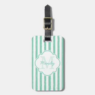 Cute Mint Green Painted Stripes Monogram en Naam Bagagelabel