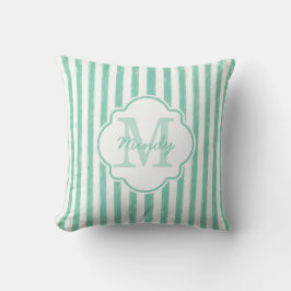 Cute Mint Green Painted Stripes Monogram en Naam Kussen