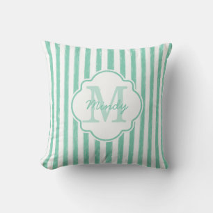 Cute Mint Green Painted Stripes Monogram en Naam Kussen