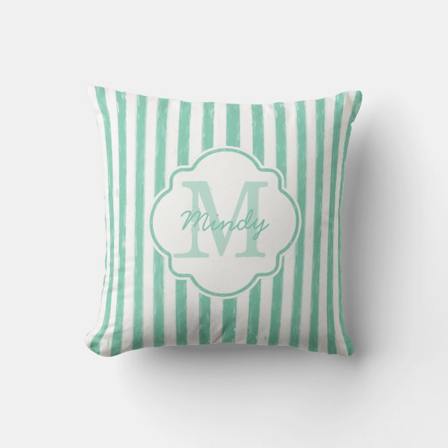 Cute Mint Green Painted Stripes Monogram en Naam Kussen (Voorkant)