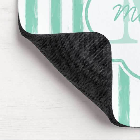 Cute Mint Green Painted Stripes Monogram en Naam Muismat (Hoek)