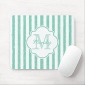 Cute Mint Green Painted Stripes Monogram en Naam Muismat (Met muis)