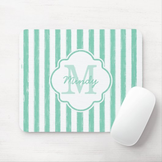 Cute Mint Green Painted Stripes Monogram en Naam Muismat (Met muis)