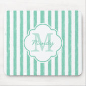 Cute Mint Green Painted Stripes Monogram en Naam Muismat (Voorkant)