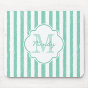 Cute Mint Green Painted Stripes Monogram en Naam Muismat