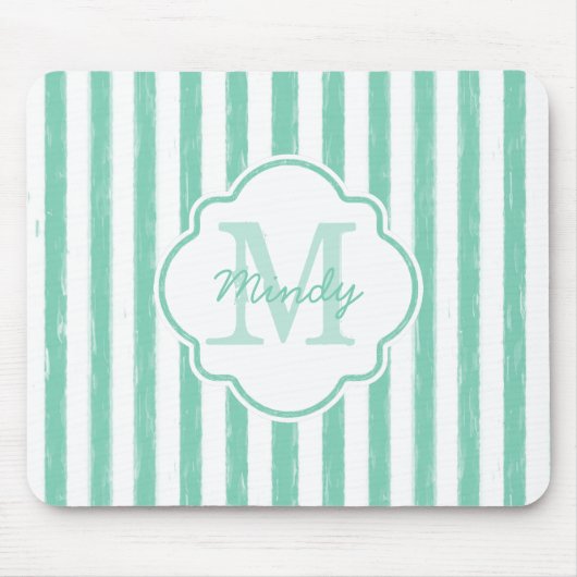 Cute Mint Green Painted Stripes Monogram en Naam Muismat (Voorkant)