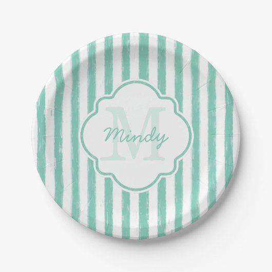 Cute Mint Green Painted Stripes Monogram en Naam Papieren Bordje (Voorkant)