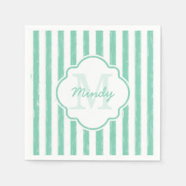 Cute Mint Green Painted Stripes Monogram en Naam Servetten