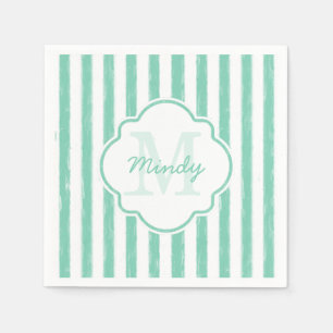 Cute Mint Green Painted Stripes Monogram en Naam Servetten