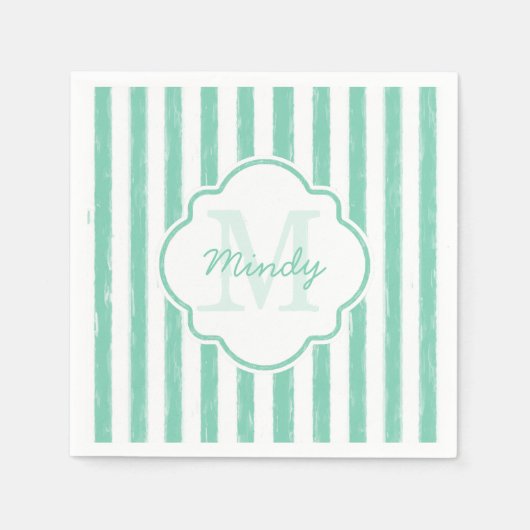 Cute Mint Green Painted Stripes Monogram en Naam Servetten (Voorkant)