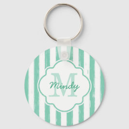 Cute Mint Green Painted Stripes Monogram en Naam Sleutelhanger