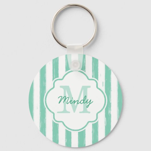 Cute Mint Green Painted Stripes Monogram en Naam Sleutelhanger (Voorkant)