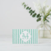 Cute Mint Green Painted Stripes Monogram en Naam Visitekaartje (Staand voorkant)