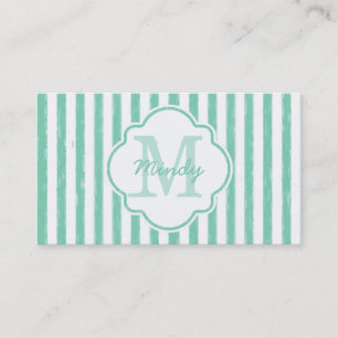 Cute Mint Green Painted Stripes Monogram en Naam Visitekaartje