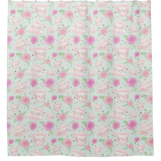 Cute Mint Green Pink Tea Party Pattern Douchegordijn (Voorkant)