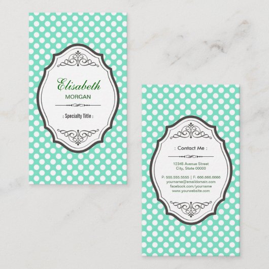 Cute Mint Green Polka Dots Elegant  Lijst Visitekaartje (Voorkant / Achterkant)