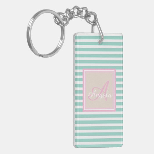 Cute Mint Green Stripes, Monogram-Gepersonaliseerd Sleutelhanger (Voorkant Links)