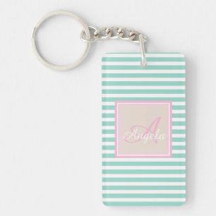 Cute Mint Green Stripes, Monogram-Gepersonaliseerd Sleutelhanger