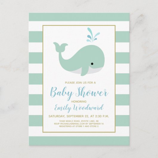 Cute Mint Green Whale Baby shower Invitation Briefkaart (Voorkant)
