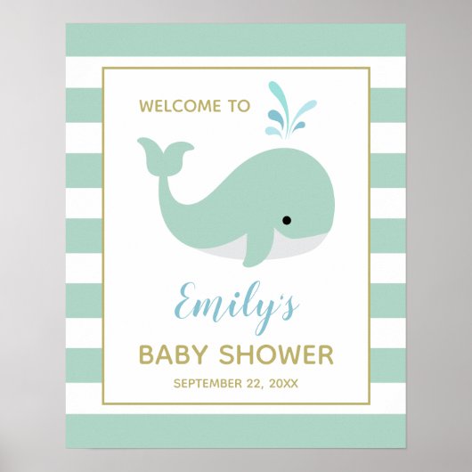 Cute Mint Green Whale Baby shower Welcome Sign Poster (Voorkant)