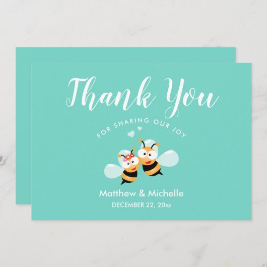 Cute Mint om Honey Bee Couple Whimsical Wedding te Bedankkaart (Voorkant / Achterkant)