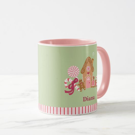 Cute Mint Pink Candy Cane Gingerbrood House Mok (Voorkant rechts)