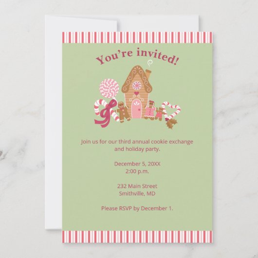 Cute Mint Pink Gingerbrood Candy Cane Invitation Kaart (Voorkant)