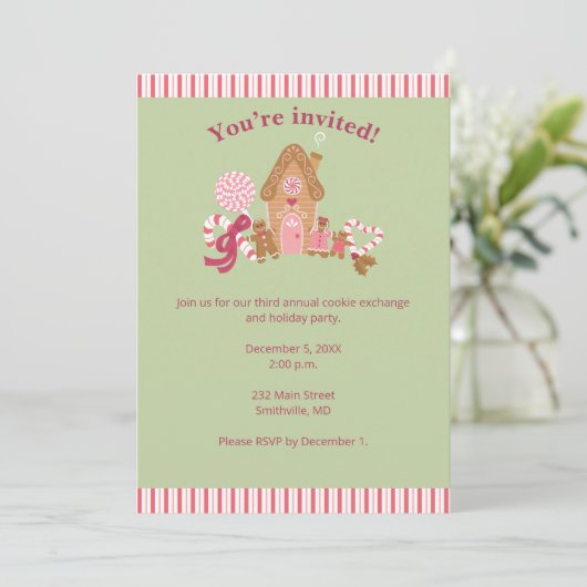 Cute Mint Pink Gingerbrood Candy Cane Invitation Kaart (Staand voorkant)