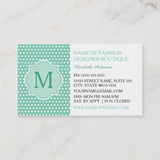 Cute Mint Polka Dots with Girly Monogram Boutique Visitekaartje (Voorkant)