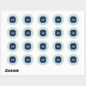 Cute Mint Summer Pattern en Blue Monogram Ronde Sticker (Vel)