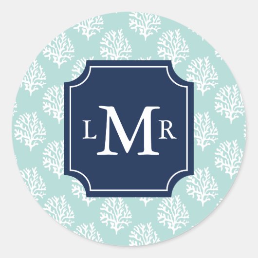 Cute Mint Summer Pattern en Blue Monogram Ronde Sticker (Voorkant)