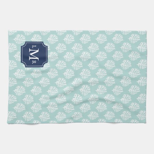 Cute Mint Summer Pattern en Blue Monogram Theedoek (Horizontaal)