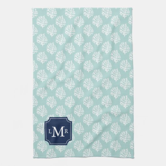 Cute Mint Summer Pattern en Blue Monogram Theedoek (Verticaal)