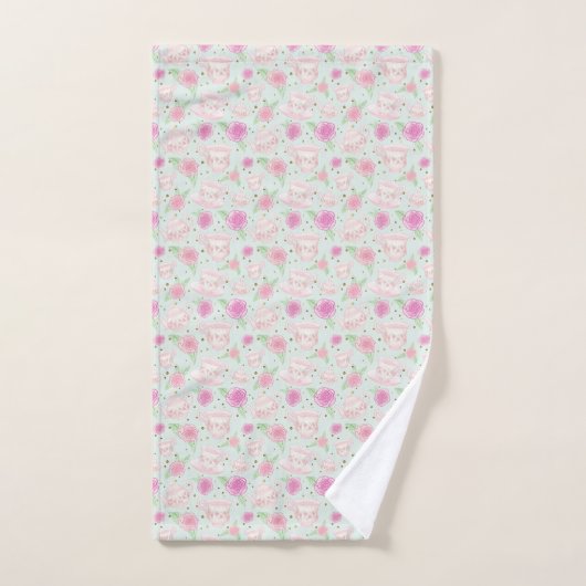 Cute Mint Tea Cups en Rozen Patroon Bad Handdoek (Handdoek)
