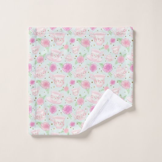 Cute Mint Tea Cups en Rozen Patroon Bad Handdoek (Wasdoekje)