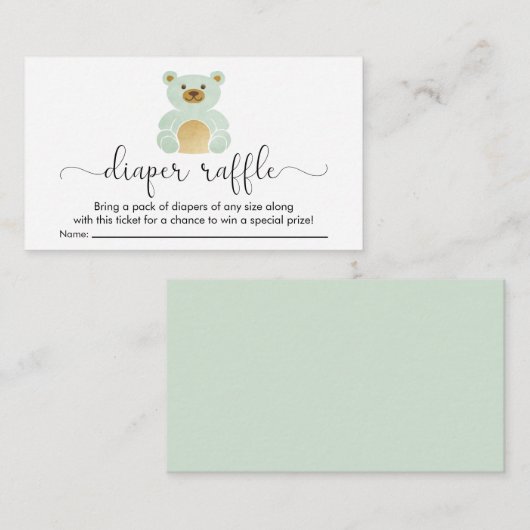 Cute Mint Teddy Bear Diaper Raffle Baby shower Informatiekaartje (Voorkant / Achterkant)